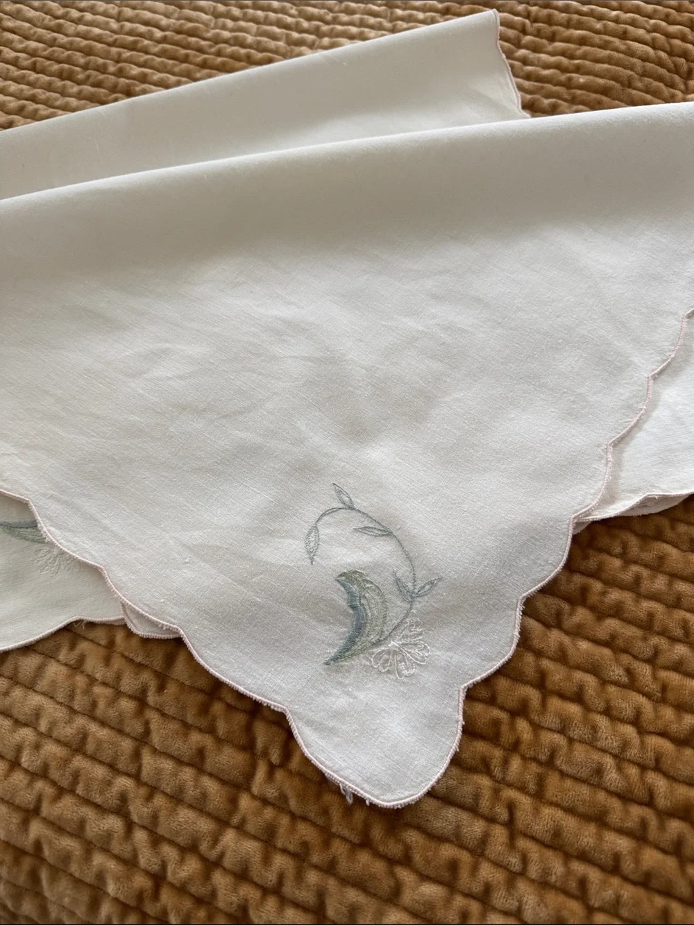 Vintage Embroidered Scalloped Linen Napkin with Pastel Floral Motif Set of 6